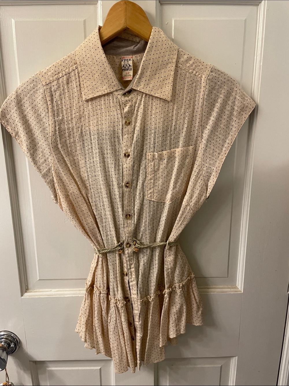 Free People Cream Dot Button-Front Tie-Waist Blouse
